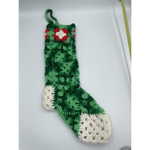 Vintage Granny Square Christmas Stockings Holiday White Red Green 22” Crochet - Picture 6 of 8